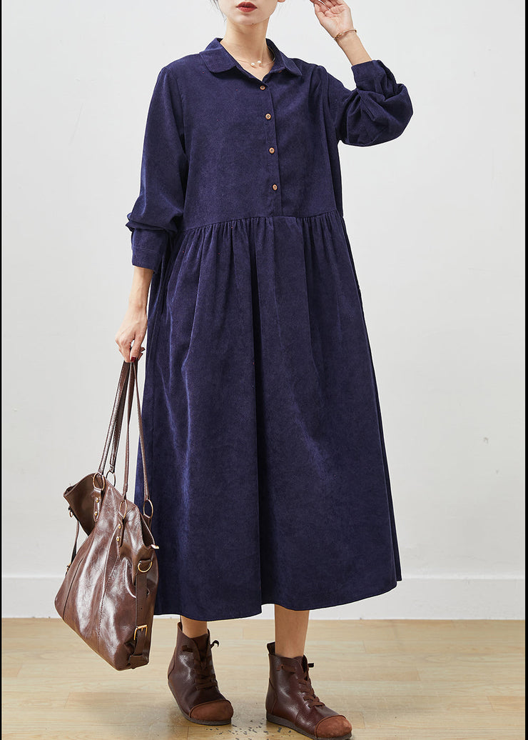 Navy Loose Corduroy Holiday Dresses Peter Pan Collar Pockets Spring