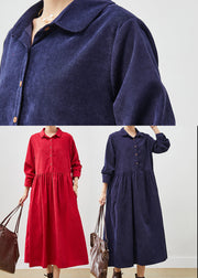 Navy Loose Corduroy Holiday Dresses Peter Pan Collar Pockets Spring