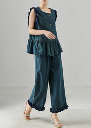 Navy Oversized Denim Two Pieces Set Ruffled Summer