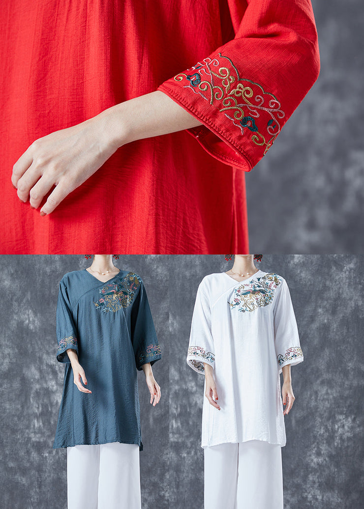 Navy Oversized Linen Mid Dress V Neck Embroideried Bracelet Sleeve