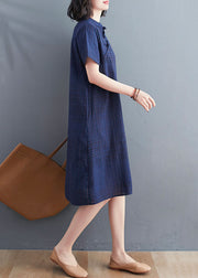 Navy Patchwork Cotton Dress Stand Collar Chinese Button Summer