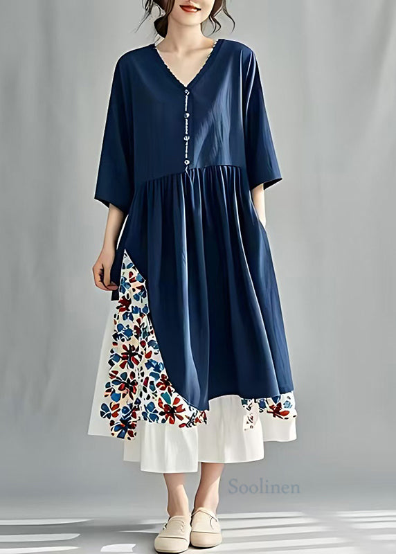 Navy Patchwork Cotton Long Dress V Neck Summer