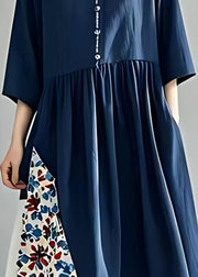 Navy Patchwork Cotton Long Dress V Neck Summer