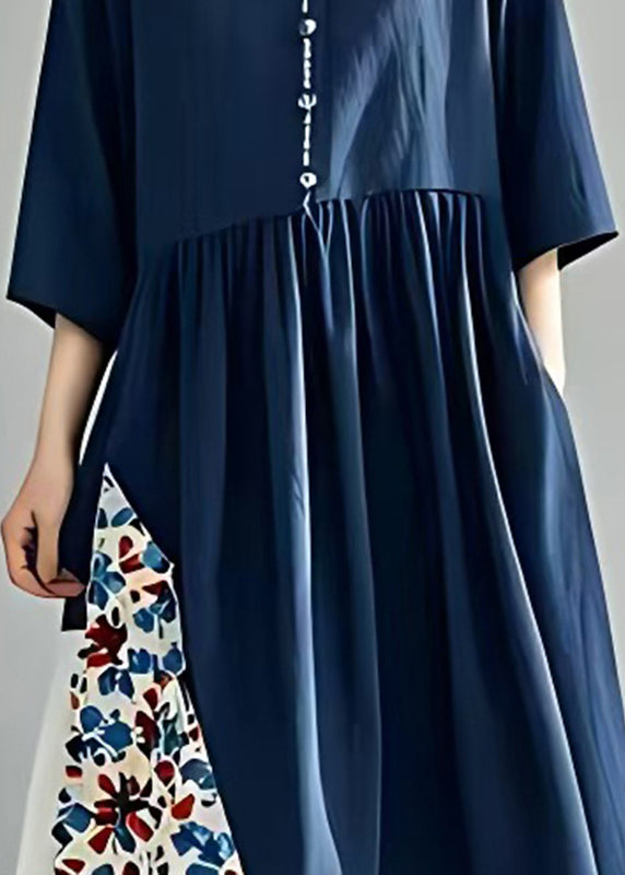 Navy Patchwork Cotton Long Dress V Neck Summer