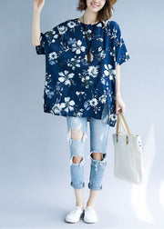 Navy Patchwork Cotton Long Tops Side Open Summer