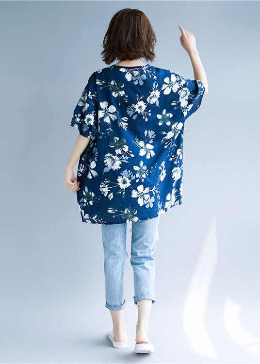 Navy Patchwork Cotton Long Tops Side Open Summer