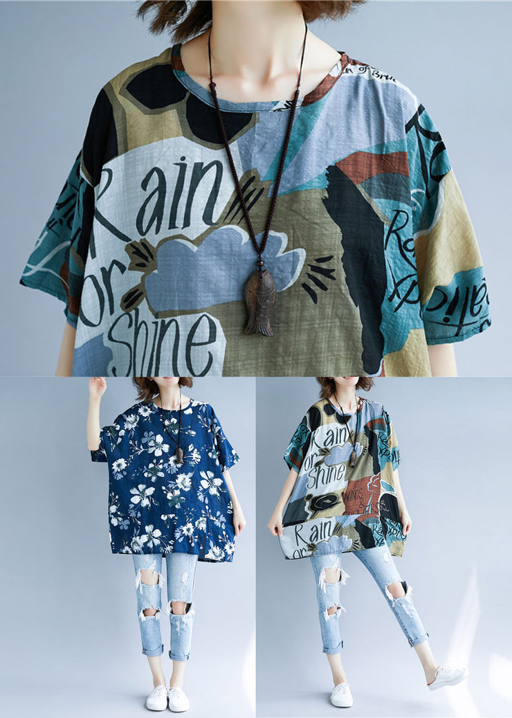 Navy Patchwork Cotton Long Tops Side Open Summer