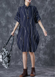 Navy Patchwork Cotton Shirt Dress Oversized Striped Summer