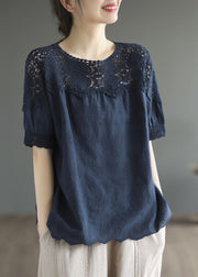 Navy Patchwork Cotton Tank Embroideried Hollow Out Summer