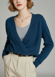 Navy Patchwork Cozy Woolen Knit Cardigans V Neck Long Sleeve