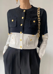 Navy Patchwork Knit Cardigan Golden Buttons Pockets Spring