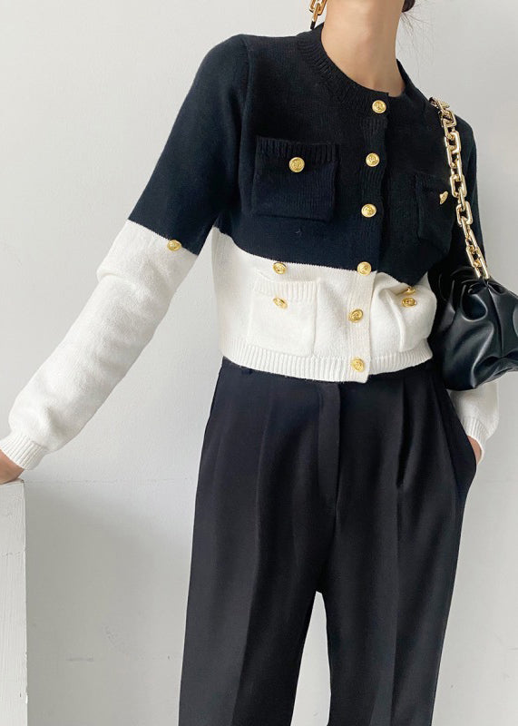 Navy Patchwork Knit Cardigan Golden Buttons Pockets Spring