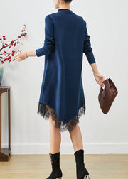 Navy Patchwork Lace Knitted Dress Asymmetrical Print Fall