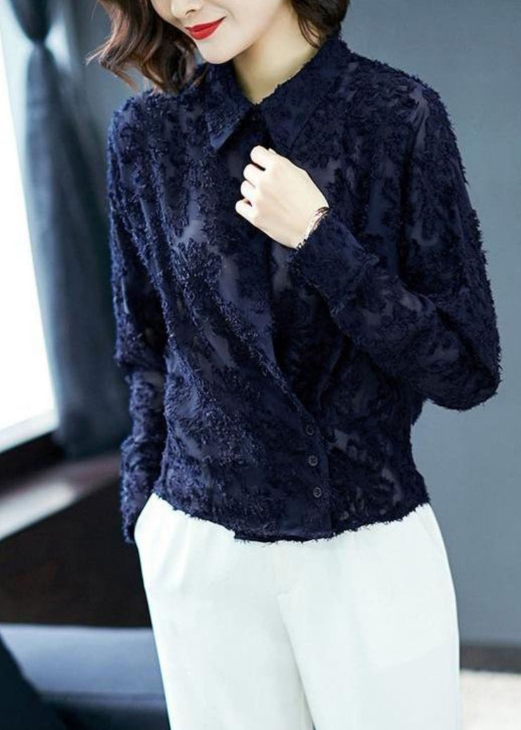 Navy Patchwork Lace Shirt Top Peter Pan Collar Button Long Sleeve