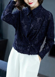 Navy Patchwork Lace Shirt Top Peter Pan Collar Button Long Sleeve