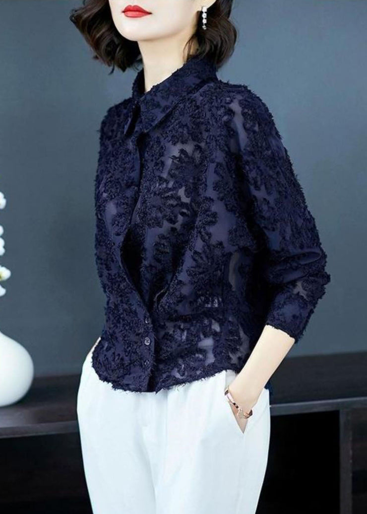 Navy Patchwork Lace Shirt Top Peter Pan Collar Button Long Sleeve