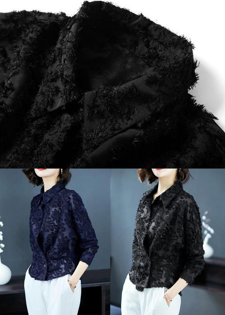 Navy Patchwork Lace Shirt Top Peter Pan Collar Button Long Sleeve