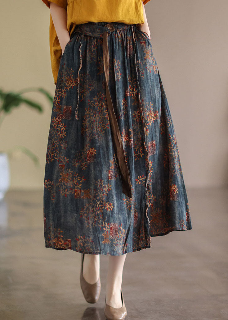 Navy Patchwork Linen A Line Skirts Oversized Spring