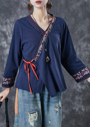 Navy Patchwork Linen Blouse Top Embroidered Summer