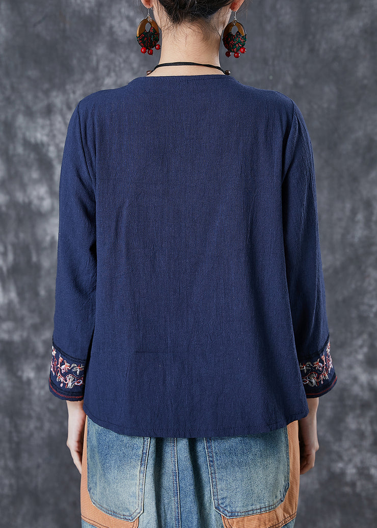 Navy Patchwork Linen Blouse Top Embroidered Summer