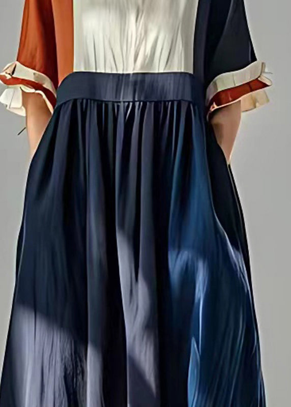 Navy Patchwork Linen Maxi Dresses Exra Large Hem Summer