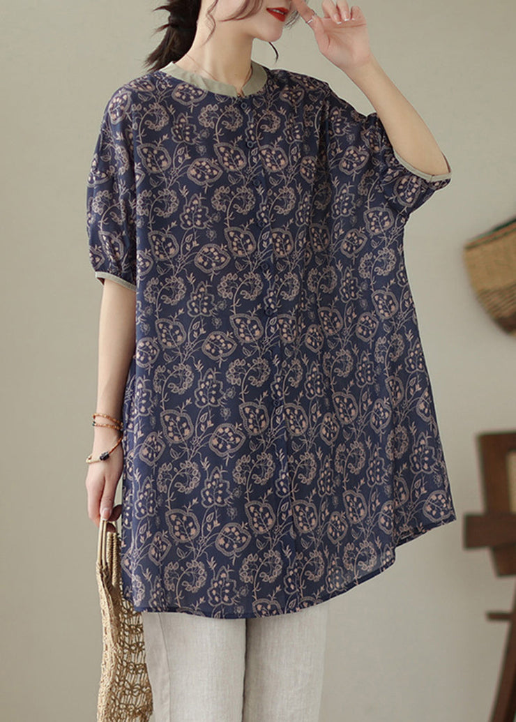 Navy Patchwork Linen Shirt Dress Oversized Print Summer