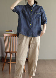 Navy Patchwork Linen Shirt Peter Pan Collar Half Sleeve