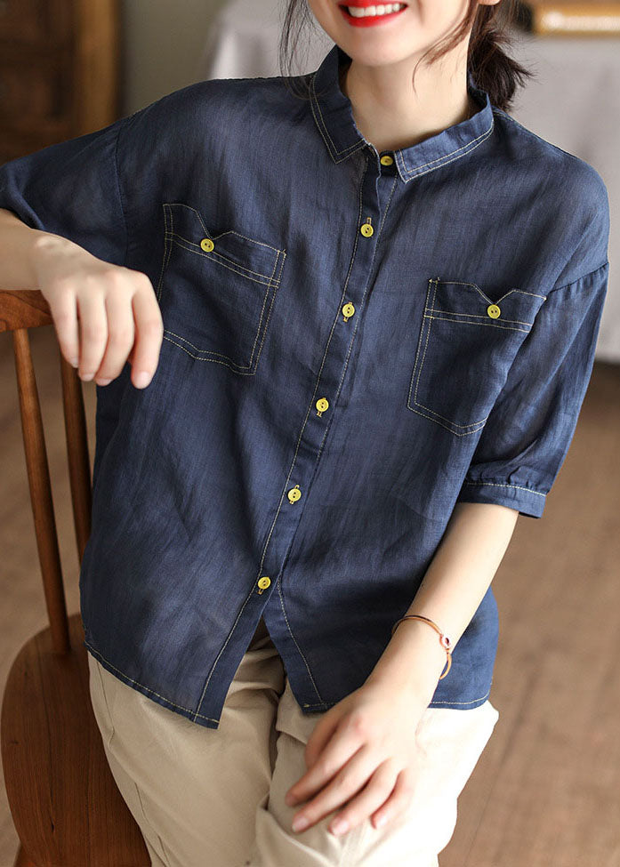 Navy Patchwork Linen Shirt Peter Pan Collar Half Sleeve