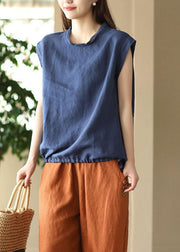 Navy Patchwork Linen T Shirt O Neck Drawstring Sleeveless