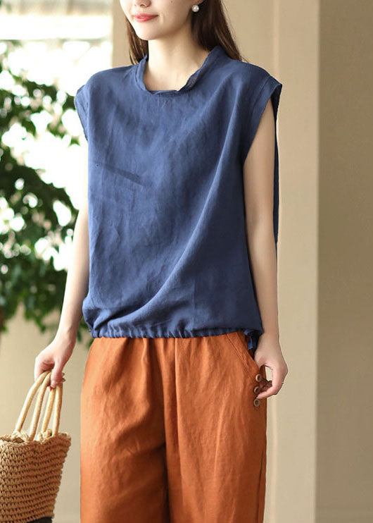 Navy Patchwork Linen T Shirt O Neck Drawstring Sleeveless