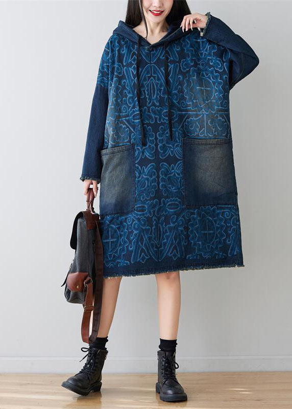 Navy Patchwork Pockets Print Denim Dress Hooded Spring