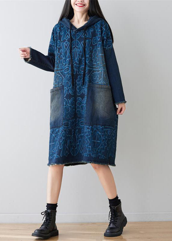 Navy Patchwork Pockets Print Denim Dress Hooded Spring