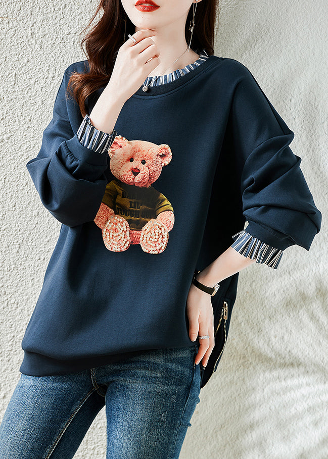 Navy Patchwork Warm Fleece Sweatshirt Bear Print Nail Bead Winter