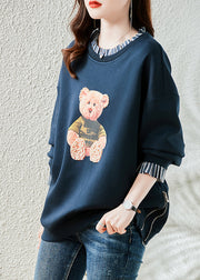 Navy Patchwork Warm Fleece Sweatshirt Bear Print Nail Bead Winter