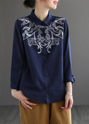 Navy Peter Pan Collar Button Shirt Long Sleeve