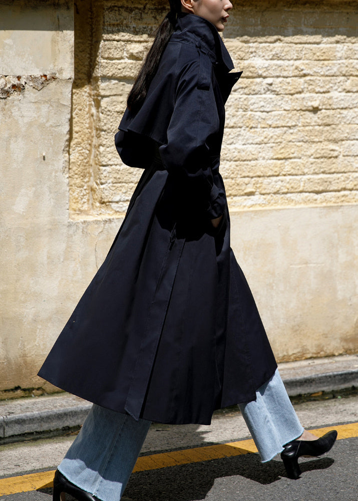 Navy Peter Pan Collar Tie Waist Cotton Trench Coats Long Sleeve