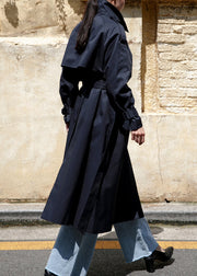 Navy Peter Pan Collar Tie Waist Cotton Trench Coats Long Sleeve