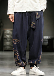 Navy Pockets Cotton Men Harem Pants High Waist