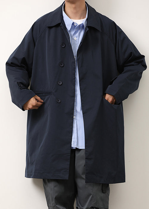 Navy Pockets Cotton Mens Coat Peter Pan Collar Spring