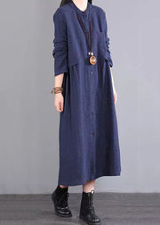 Navy Pockets Patchwork Cotton Dress Stand Collar Button Fall