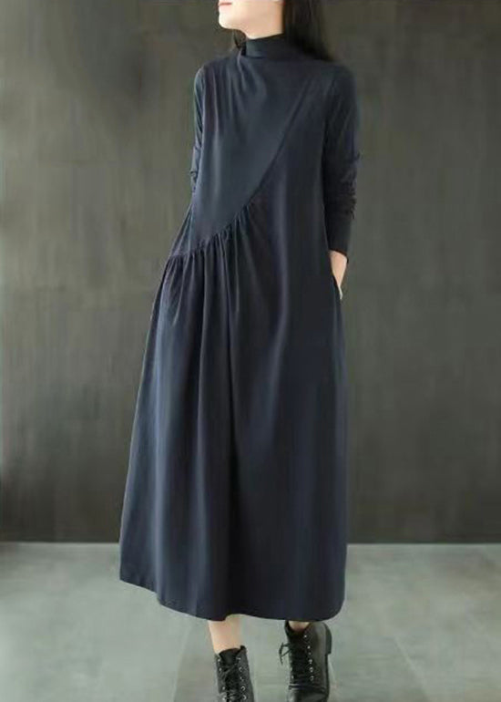 Navy Pockets Patchwork Cotton Long Dress Hign Neck Wrinkled Fall