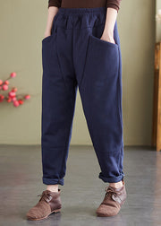 Navy Pockets Patchwork Fine Cotton Filled Pants Elastic Waist Winter