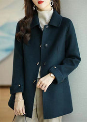 Navy Pockets Patchwork Wool Coats Button Long Sleeve