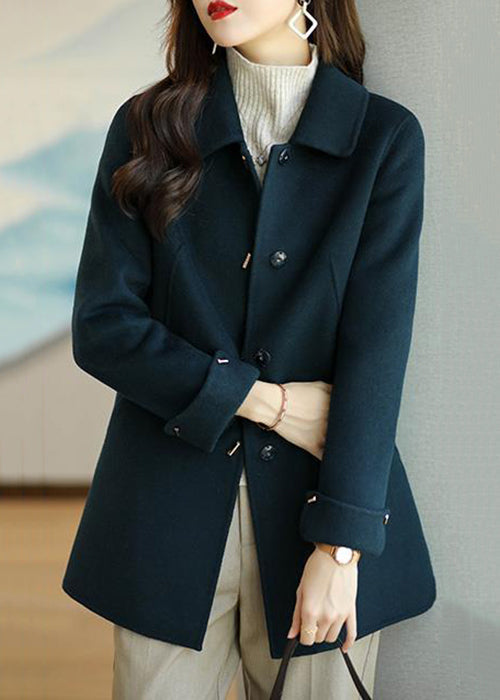 Navy Pockets Patchwork Wool Coats Button Long Sleeve