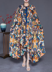 Navy Print Chiffon Long Dress Asymmetrical Extra Large Hem Summer