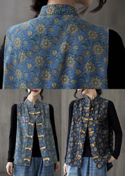 Navy Print Cotton Vest Tops Stand Collar Oriental Button Sleeveless