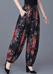 Navy Print Elastic Waist Cotton Lantern Pants Fall