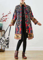 Navy Print Fine Cotton Filled Winter Coats Chinese Button