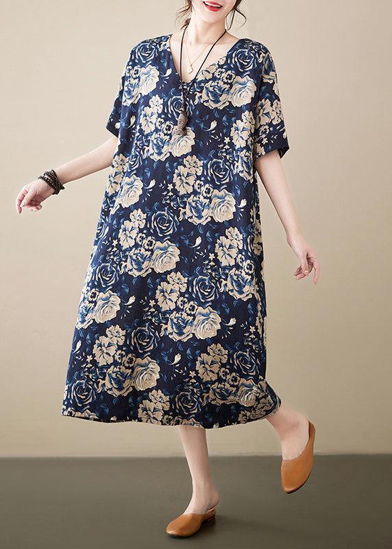 Navy Print Linen Robe Dresses V Neck Oversized Summer