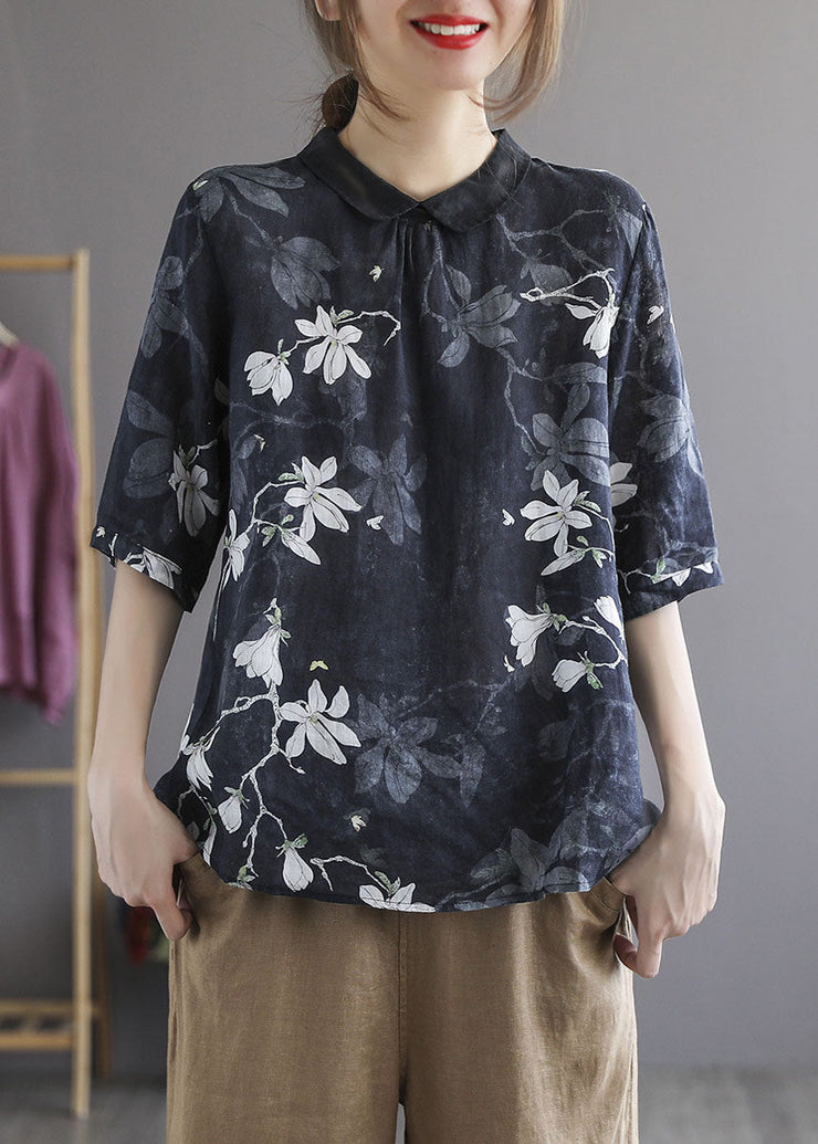 Navy Print Patchwork Cotton Shirts Peter Pan Collar Wrinkled Summer